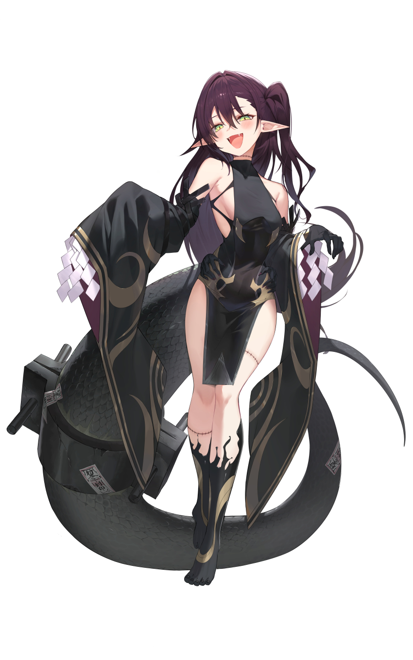 1girl absurdres bare_shoulders black_dress breasts detached_sleeves dress e_buki fangs green_eyes highres looking_at_viewer medium_breasts open_mouth original pelvic_curtain pointy_ears purple_hair side_ponytail sleeveless_turtleneck_dress snake snake_girl snake_tail solo standing tail turtleneck turtleneck_dress white_background