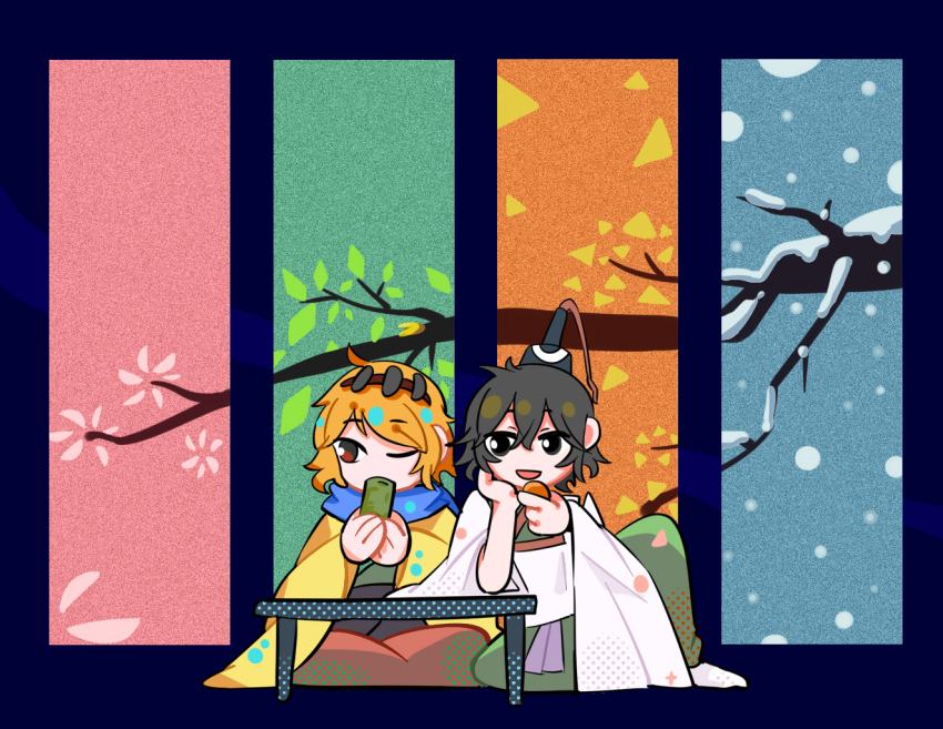 2others androgynous black_eyes black_hair black_headwear blue_scarf chibi detached_sleeves green_kimono hairband hand_on_own_cheek hand_on_own_face haori hat japanese_clothes kariginu kimono len&#039;en multiple_others one_eye_closed open_mouth orange_hair other_focus red_eyes red_hairband scarf seasons senri_tsurubami short_hair sitting smile tate_eboshi white_sleeves xierweng yellow_haori zuifeng_tenkai