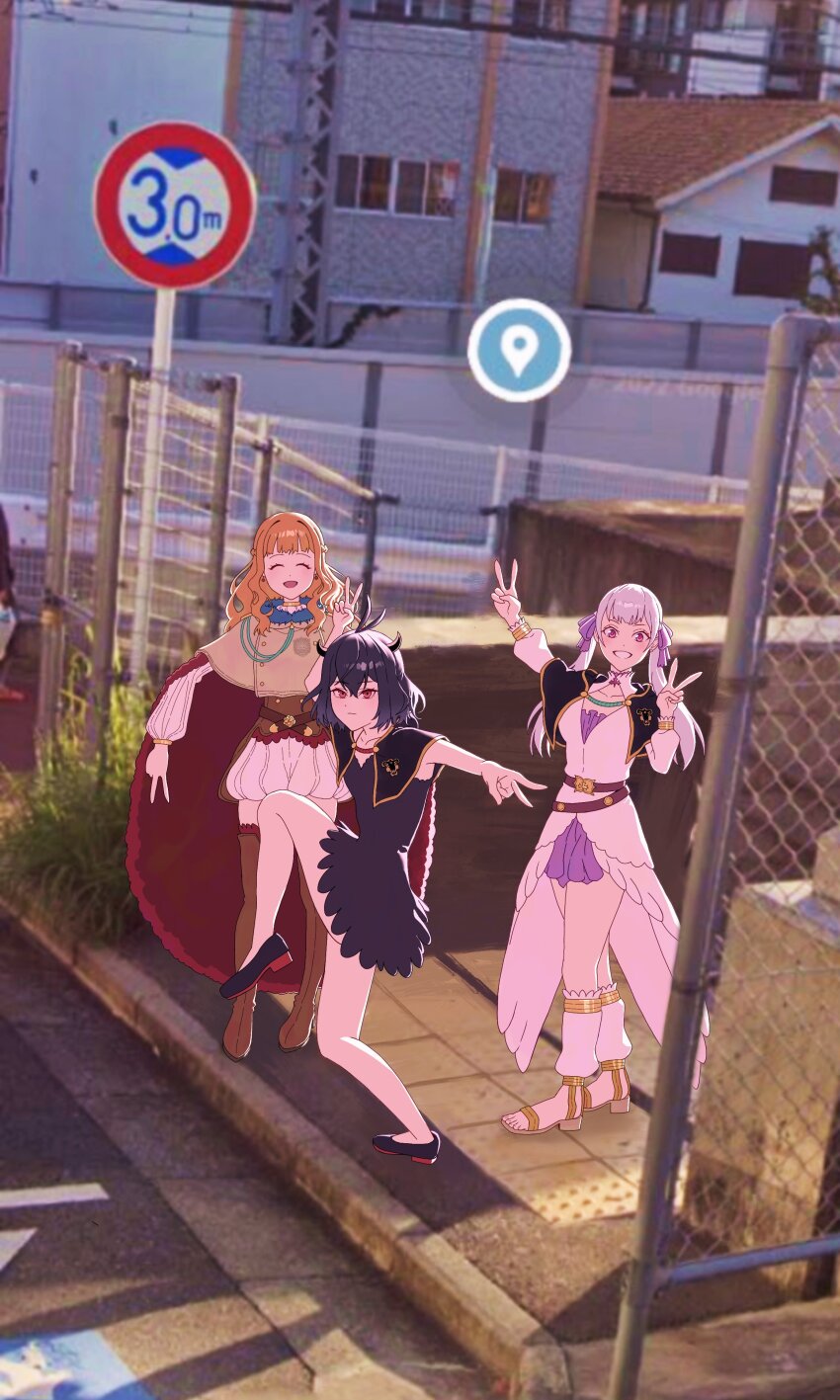3girls absurdres black_bulls_(emblem) black_capelet black_clover black_dress black_footwear black_hair capelet chain-link_fence closed_eyes double_v dress fence golden_dawn_(emblem) google_maps google_street_view grey_hair hair_ribbon hashtag-only_commentary high_school_girls_posing_for_google_street_view_(meme) highres kisany long_hair looking_at_viewer meme mimosa_vermillion multiple_girls noelle_silva photo-referenced pink_eyes purple_dress red_eyes red_hair ribbon secre_swallowtail short_hair smile twintails v