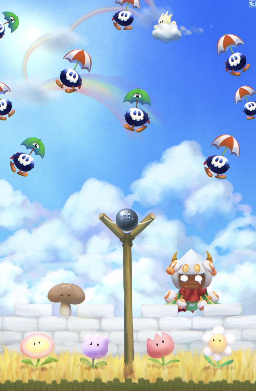 &gt;_&lt; 1boy bad_id bad_twitter_id blue_sky bob_cut bomber_(kirby) cloud day drifter_(kirby) fence geromazudake hibanamodoki highres kamuribana kirby kirby_(series) kogoesou mario_(series) minigame new_super_mario_bros. nintendo parody rainbow rayman_limbs sky slingshot_(weapon) super_mario_64 super_mario_64_ds suyabi_(subikabi1426zoy) taranza tearing_up zoos_(kirby)