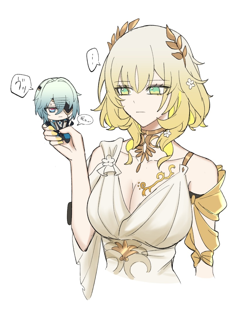 1boy 1girl aglaea_(honkai:_star_rail) anaxa_(honkai:_star_rail) blonde_hair breast_tattoo breasts cleavage closed_mouth cropped_torso dress eyepatch gold_tattoo green_eyes green_hair highres holding_chibi honkai:_star_rail honkai_(series) large_breasts laurel_crown looking_at_another nanoha_fn_dm simple_background speech_bubble tattoo translation_request white_background white_dress