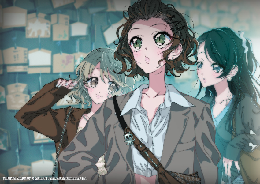 bag black_hair blue_eyes blush brown_eyes brown_hair charm_(object) copyright_name copyright_notice crop_top ema fragments_of_the_idolmaster_cinderella_girls green_eyes grey_hair handbag highres himitsu_(iemaki) idolmaster idolmaster_cinderella_girls jacket kurihara_nene long_hair looking_at_another looking_up namba_emi official_art open_clothes open_jacket parted_lips real_world_location short_hair smile tsukimiya_miyabi upper_body