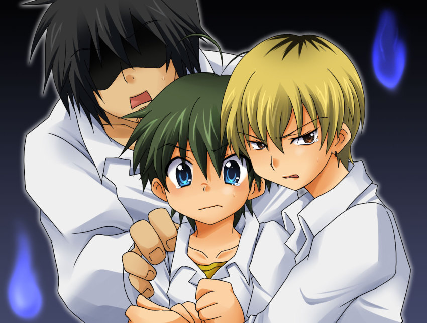 00s 3boys akiba_meguru bad_id bad_pixiv_id hibiki_daitetsu kannagi male_focus mikuriya_jin multiple_boys take_no_ko tears