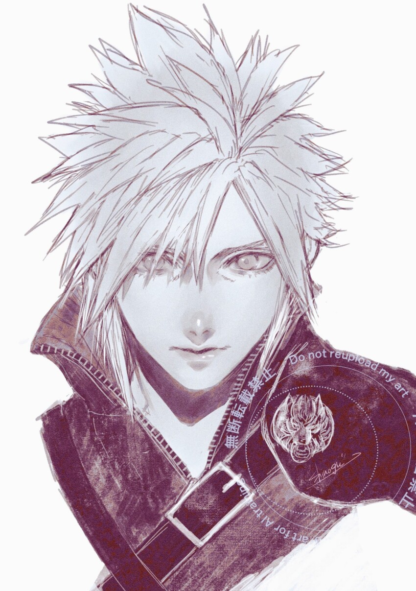 1boy belt_buckle buckle chest_belt closed_mouth cloud_strife commentary fenrir_(final_fantasy) final_fantasy final_fantasy_vii final_fantasy_vii:_advent_children hair_between_eyes highres looking_at_viewer male_focus monochrome popped_collar portrait shinogu_r short_hair single_shoulder_pad solo spiked_hair straight-on upper_body white_background zipper