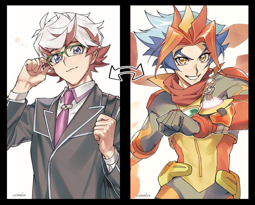 2boys absurdres artist_name black_jacket blonde_hair blue_eyes blue_hair bodysuit brown_hair clenched_hand collared_shirt cropped_jacket crossed_arms flame_(yu-gi-oh!_vrains) glasses highres homura_takeru jacket looking_at_viewer lunapont male_focus multicolored_hair multiple_boys necktie open_clothes open_jacket orange_hair orange_pupils over-rim_eyewear purple_necktie semi-rimless_eyewear shirt short_hair soulburner spiked_hair two-tone_hair white_hair white_shirt yellow_bodysuit yellow_eyes yu-gi-oh! yu-gi-oh!_vrains