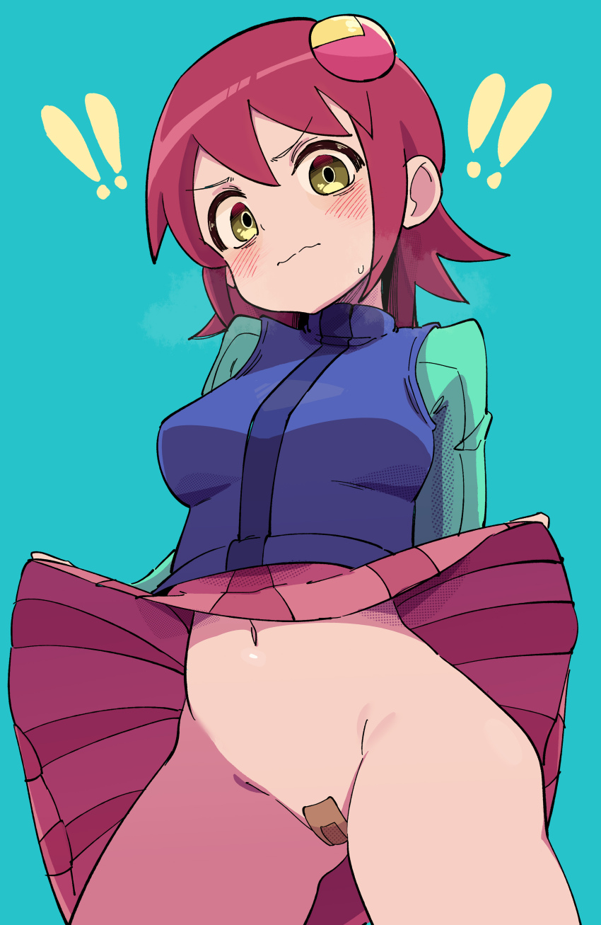 1girl absurdres bandaid bandaid_on_pussy blush breasts buzzlyears clothes_lift female_focus highres looking_at_viewer mayl_sakurai_(mega_man) mega_man_(series) mega_man_battle_network_(series) no_panties red_hair simple_background skirt skirt_lift small_breasts thighs vest yellow_eyes