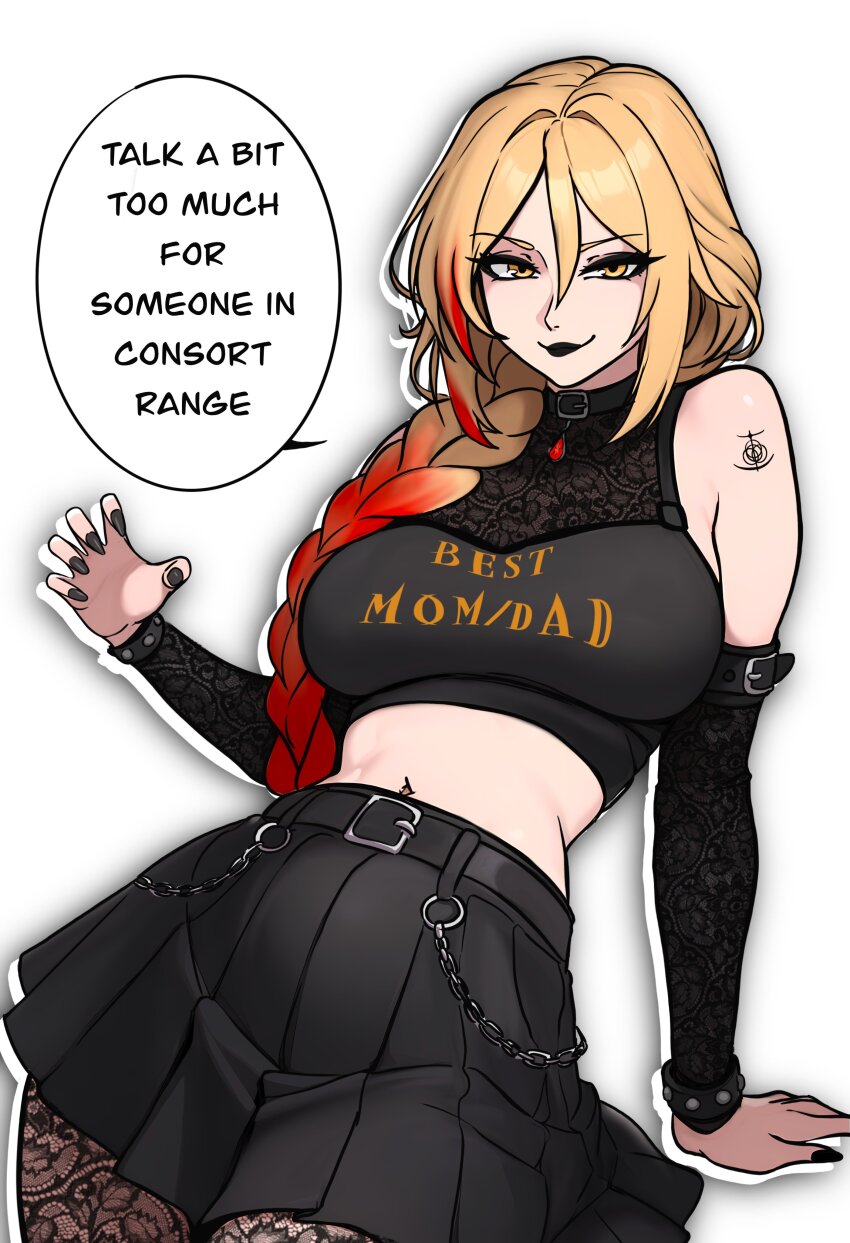1girl absurdres arm_tattoo belt black_belt black_lips black_nails black_skirt black_sleeves blonde_hair breasts closed_mouth clothes_writing detached_sleeves elden_ring english_text hair_between_eyes highres long_braid long_hair midriff multicolored_hair navel pantyhose pleated_skirt queen_marika_the_eternal red_hair redpostit skirt solo speech_bubble streaked_hair tattoo yellow_eyes