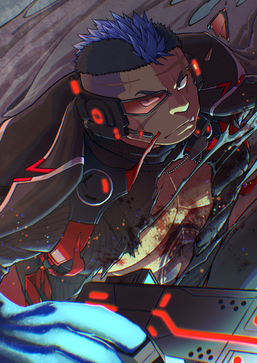 1boy bara bare_pectorals beard_stubble blue_hair cross_scar facial_hair facial_scar fighting_stance from_above gun highres holding holding_gun holding_weapon large_pectorals live_a_hero looking_at_viewer male_focus mature_male multicolored_hair muscular muscular_male nipples pectorals scar scar_on_cheek scar_on_face scar_on_forehead serious shirt short_hair single_tusk solo sparse_chest_hair stubble thick_eyebrows tokiniha_netai_(pm8sleepy) torn_clothes torn_shirt tsurime two-tone_hair undercut weapon yoshiori_(live_a_hero)