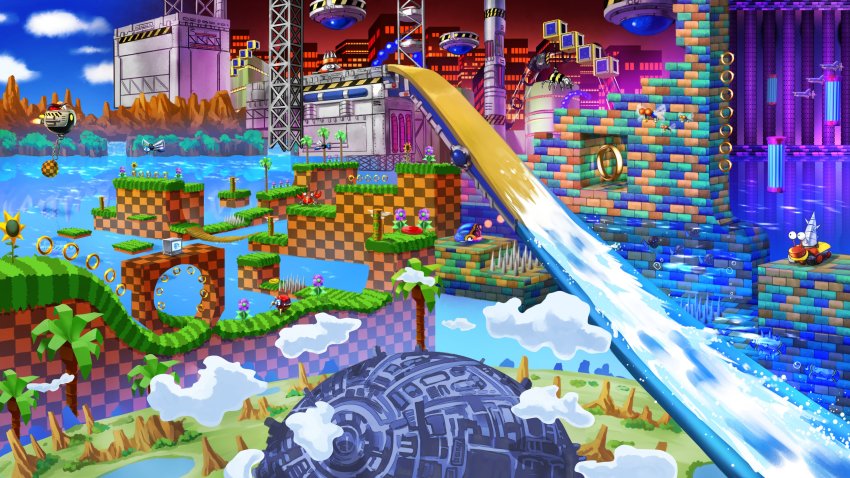 1boy 1up absurdres arrow_(symbol) bald black_eyes blastoid blue_eyes blue_sky bugernaut building bush buzz_bomber chain chemical_plant_zone cloud commission crabmeat day dr._eggman facial_hair flower grabber_(sonic) grass green_hill_zone highres hydrocity_zone jawz_(sonic) little_planet mega_chopper moto_bug mountain mustache outdoors pointdexter purple_flower red_sky reflection reflective_water ring_(sonic) rocket scenery sky skyscraper sonic_(series) sonic_cd sonic_the_hedgehog_(classic) sonic_the_hedgehog_1 sonic_the_hedgehog_2 sonic_the_hedgehog_3 spikes spiny_(sonic) sunflower totem tree tripplejaz turbo_spiker water water_slide wrecking_ball yellow_flower