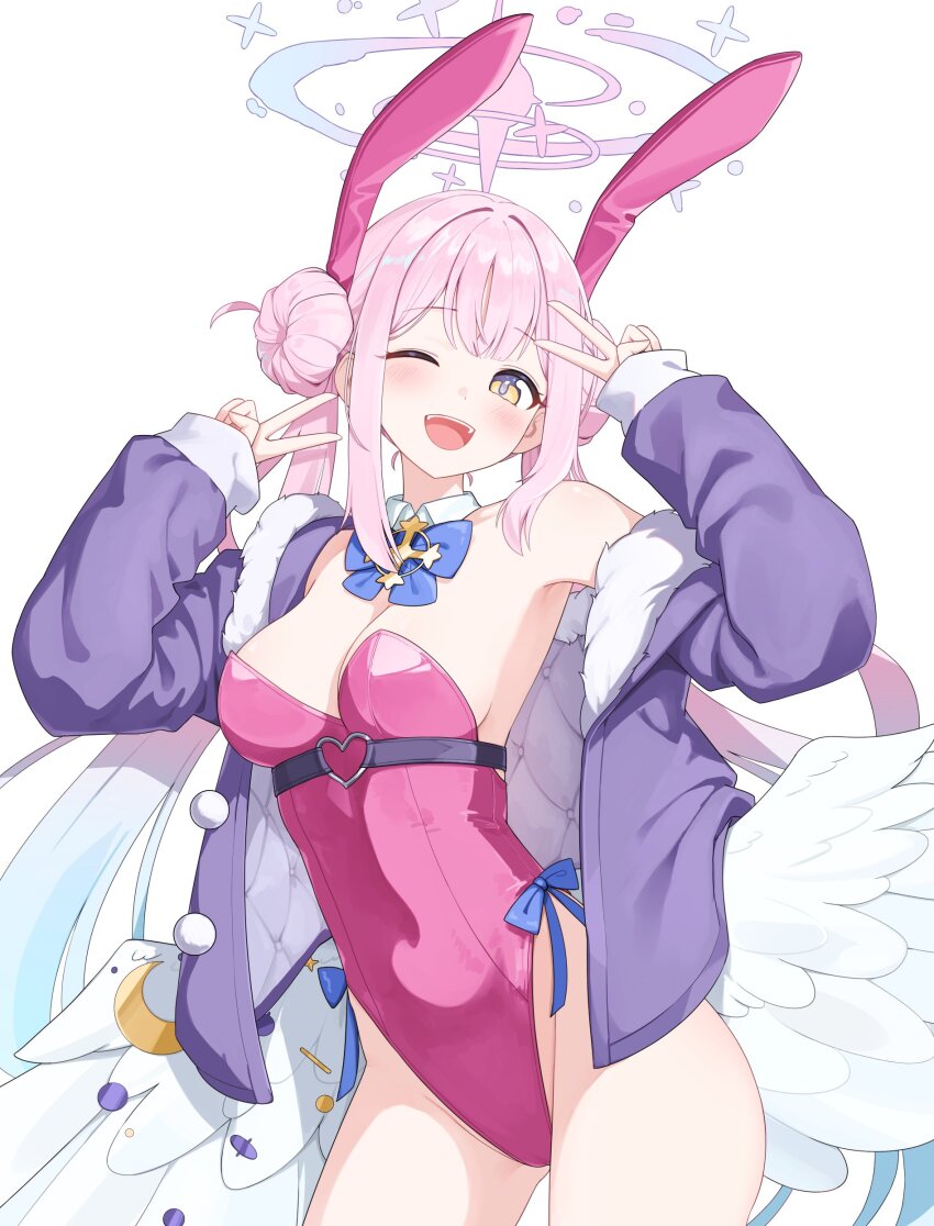 1girl ;d absurdres ahoge alternate_costume angel_wings animal_ears bare_shoulders blue_archive blue_jacket blush bow bowtie breasts cleavage commentary_request covered_navel cowboy_shot daran9 detached_collar double_bun double_v fake_animal_ears feathered_wings gloves hair_bun hair_ornament halo highleg highleg_leotard highres jacket leotard long_hair long_sleeves looking_at_viewer low_wings medium_breasts mika_(blue_archive) off_shoulder official_alternate_costume one_eye_closed open_clothes open_jacket open_mouth pink_hair pink_halo pink_jacket pink_leotard playboy_bunny rabbit_ears simple_background single_bare_shoulder single_off_shoulder sleeves_past_wrists smile solo strapless strapless_leotard teeth thighs twintails upper_teeth_only v white_background white_wings wing_ornament wings yellow_eyes