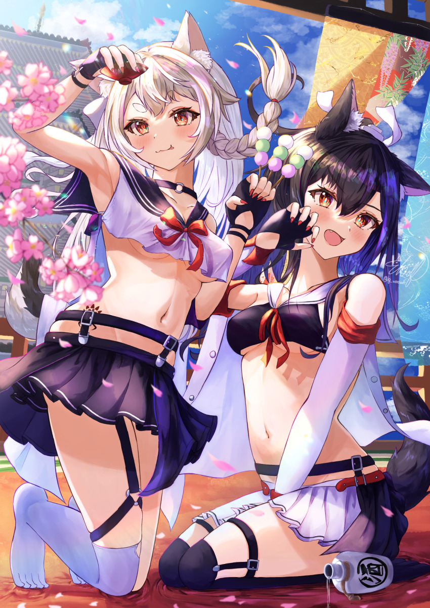 2girls :3 animal_ear_fluff animal_ears armpits azur_lane black_hair blush bottle braid breasts claw_pose cloud crop_top cup fang grey_hair hair_between_eyes hands_up highres kneeling long_hair medium_breasts midriff miniskirt multiple_girls navel open_mouth outdoors pleated_skirt red_eyes red_nails retrofit_(azur_lane) sailor_collar sakazuki sake_bottle school_uniform serafuku shigure_(azur_lane) shigure_(retrofit)_(azur_lane) signature skirt sky tail twitter_username underboob werewolf_kg wolf_ears wolf_girl wolf_tail yuudachi_(azur_lane) yuudachi_(retrofit)_(azur_lane)