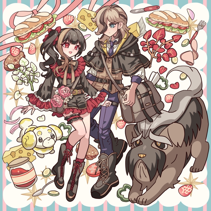 1boy 1girl arven_(pokemon) bag black_capelet black_dress black_hair blue_pants boots brown_hair butter capelet cheese closed_mouth collared_shirt commission dress fidough flower food fork frilled_dress frills full_body hair_over_one_eye highres jam knife long_hair long_sleeves mabosstiff meremero multicolored_hair necktie nintendo open_mouth original pants pink_flower pokemon pokemon_(creature) pokemon_sv sandwich school_uniform shirt side_ponytail smile standing two-tone_hair uva_academy_school_uniform