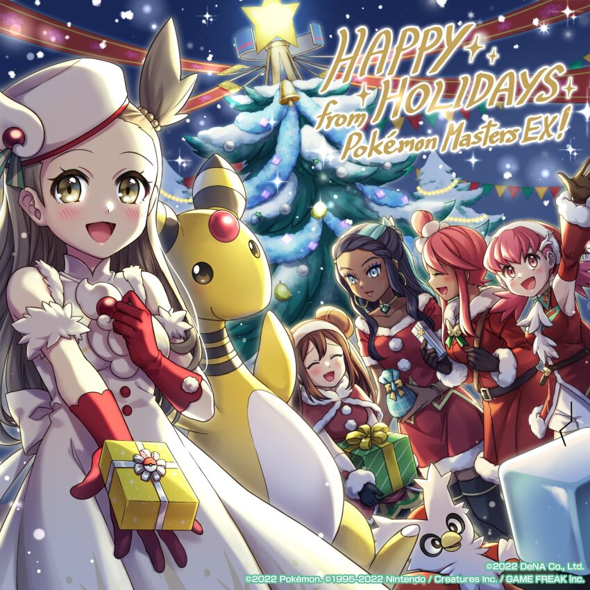 ampharos black_hair box brown_hair christmas christmas_tree dark-skinned_female dark_skin delibird dress eiscue eiscue_(ice) gen_2_pokemon gen_8_pokemon gift gift_box gloves hat highres jasmine_(holiday_2022)_(pokemon) jasmine_(pokemon) long_hair mono_land multicolored_hair multiple_girls nessa_(holiday_2021)_(pokemon) nessa_(pokemon) night night_sky nintendo official_art pink_hair pokemon pokemon_(creature) pokemon_masters_ex presenting red_gloves red_hair ribbon rosa_(holiday_2019)_(pokemon) rosa_(pokemon) santa_costume santa_hat short_hair sky skyla_(holiday_2020)_(pokemon) skyla_(pokemon) sleeveless streaked_hair white_dress whitney_(holiday_2022)_(pokemon) whitney_(pokemon)