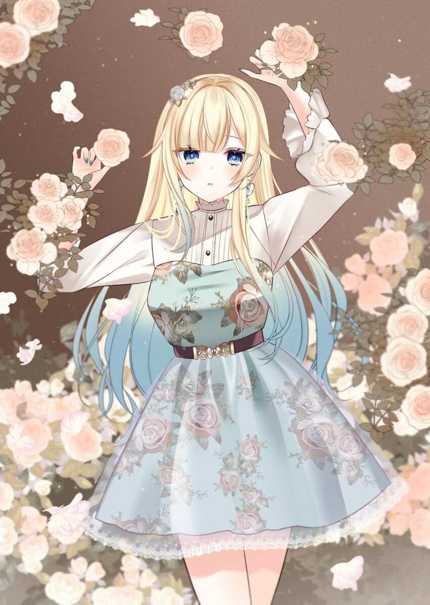 1girl aizawa_ema aizawa_ema_(3rd_costume) aqua_dress aqua_hair arms_up belt blonde_hair blue_eyes blunt_bangs blush brown_belt cowboy_shot dress earrings floral_background floral_print flower flower_earrings frilled_sleeves frills gradient_hair hair_flaps hair_flower hair_ornament highres jewelry lace_trim long_hair long_sleeves looking_at_viewer multicolored_hair ramune_(lamunepop) see-through_clothes see-through_skirt shirt skirt solo virtual_youtuber vspo! white_shirt