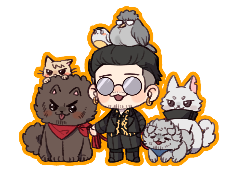 2girls 5boys adachi_koichi animalization bird cat chibi dog earrings glasses han_joon-gi highres jewelry kamataki_eri kasuga_ichiban leash marumarumarumua mukoda_saeko multiple_boys multiple_girls nanba_yu pigeon ryuu_ga_gotoku_(series) ryuu_ga_gotoku_7 tongue tongue_out undercut zhao_tianyou