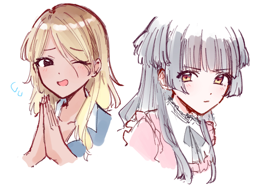 2girls :/ ;d black_eyes black_hair blue_shirt blunt_bangs blush brown_hair collarbone commentary cropped_shoulders dark-skinned_female dark_skin eyes_visible_through_hair flying_sweatdrops frilled_shirt frills idolmaster idolmaster_shiny_colors izumi_mei long_hair mayuzumi_fuyuko multiple_girls one_eye_closed open_mouth orange_eyes palms_together parted_bangs pink_shirt shirt simple_background smile white_background zangemiya
