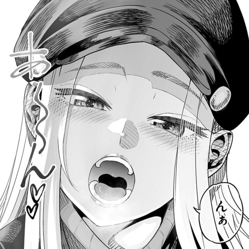 1girl blush breath dosanko_gal_wa_namaramenkoi fuyuki_minami greyscale hair_behind_ear half-closed_eyes hat head_tilt heart highres ikada_kai long_hair looking_at_viewer monochrome official_art open_mouth portrait simple_background solo sweater translation_request uvula white_background