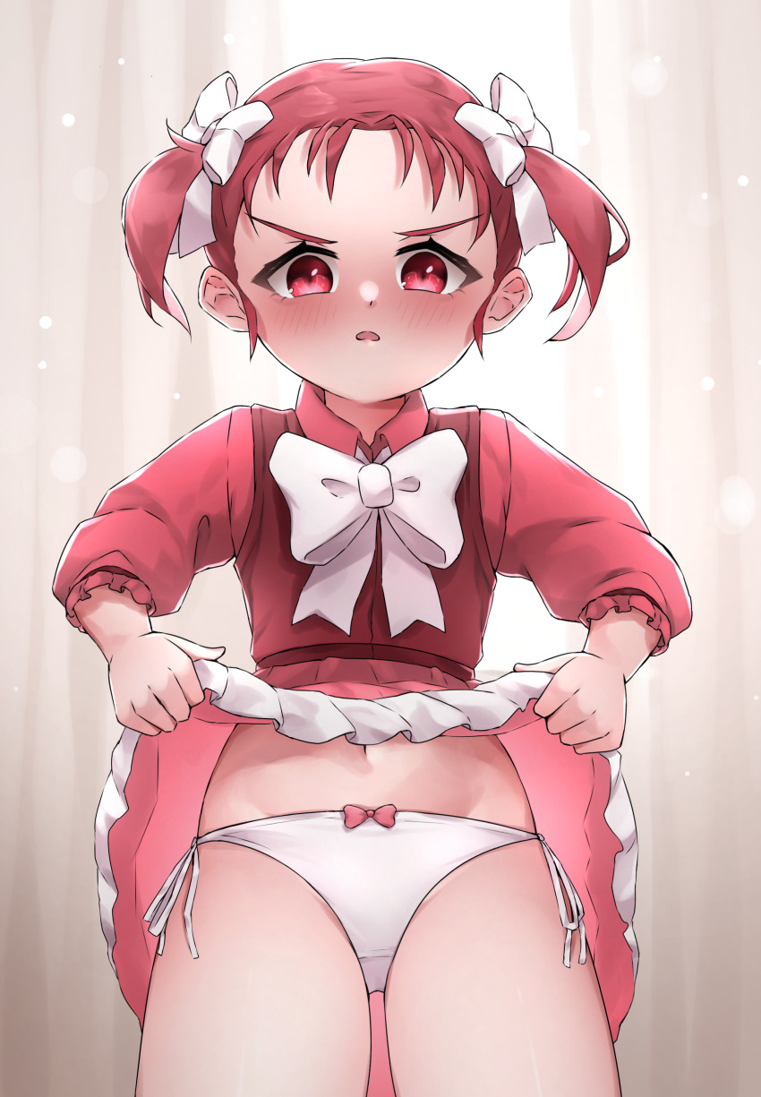 1girl absurdres accel_world belly blush blush_stickers clothes_lift commission dress ears highres kouzuki_yuniko looking_at_viewer navel panties red_eyes red_hair ribbon simple_background skirt skirt_lift thighs underwear white_panties