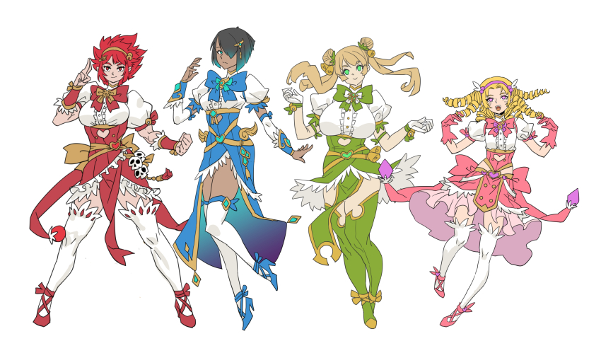 4girls breasts chaos_(warhammer) dark-skinned_female dark_skin drill_hair hair_over_one_eye highres humanization khorne large_breasts long_hair magical_girl medium_breasts multiple_girls nurgle rmulderz short_hair slaanesh small_breasts thighhighs tzeentch warhammer_40k warhammer_fantasy
