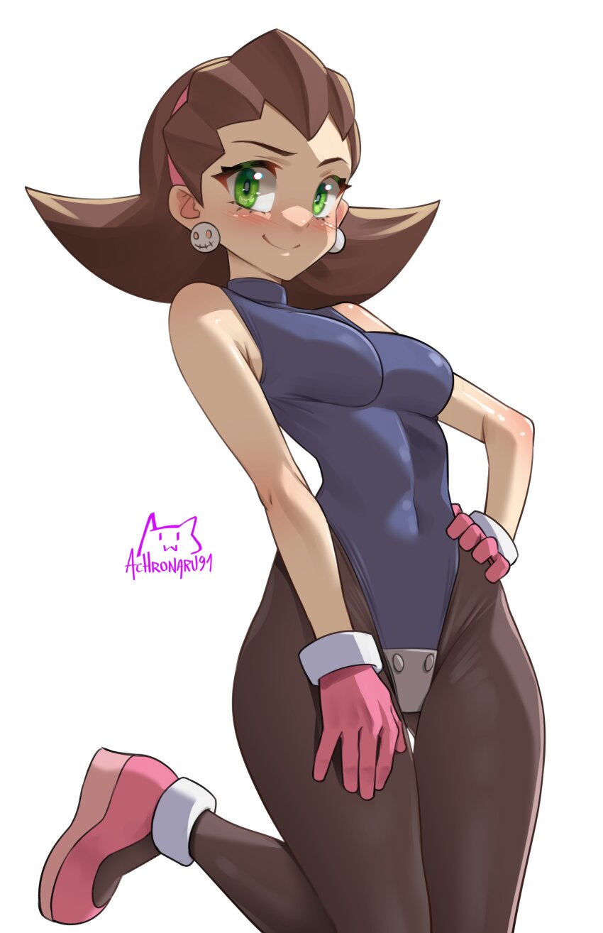 1girl absurdres achromaru artist_name black_pantyhose blue_leotard blush breasts brown_hair cowboy_shot earrings green_eyes highleg highleg_leotard highres jewelry leotard medium_breasts medium_hair mega_man_(series) mega_man_legends_(series) pantyhose signature simple_background skull_earrings solo standing standing_on_one_leg tron_bonne_(mega_man) white_background