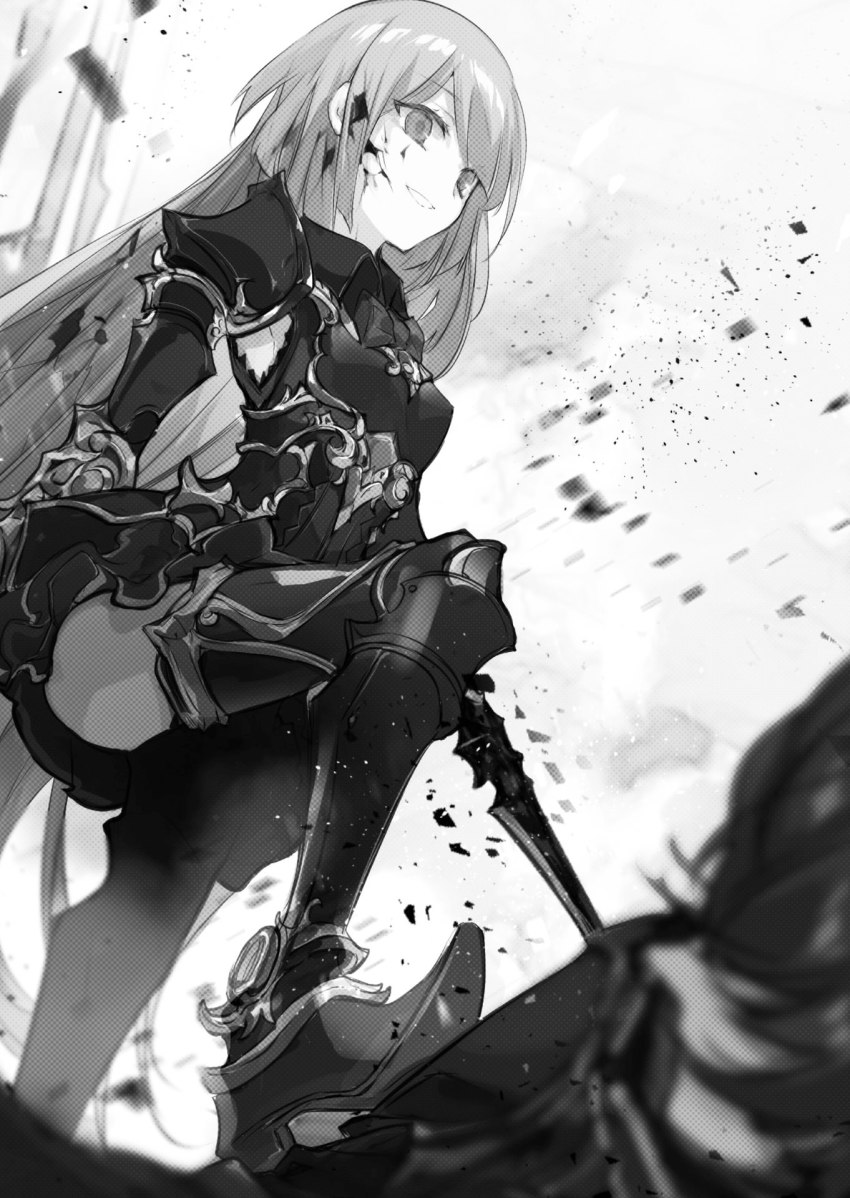 1boy 1girl armor armored_boots armored_dress armpits blood blood_in_hair boots bow bowtie cierra_(ra-bit) collared_shirt detached_sleeves dress greyscale grin highres holding holding_sword holding_weapon long_hair monochrome novel_illustration official_art olivia_valedstorm pauldrons shinigami_ni_sodaterareta_shoujo_wa_shikkoku_no_ken_wo_mune_ni_idaku shirt short_dress shoulder_armor sleeveless sleeveless_dress smile solo_focus standing stepped_on swept_bangs sword thigh_boots thighhighs very_long_hair weapon wing_collar