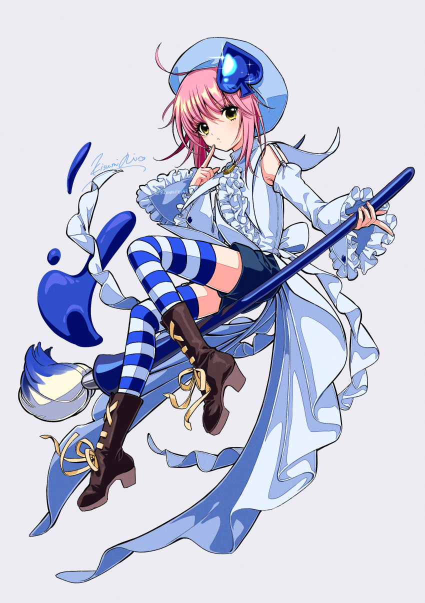 1girl absurdres ahoge amulet_spade artist_name blue_hat blue_shorts blue_thighhighs boots brown_boots closed_mouth detached_sleeves frilled_shirt frilled_sleeves frills full_body giant_brush hair_ornament hat highres hinamori_amu holding holding_paintbrush horizontal-striped_thighhighs humpty_lock_(shugo_chara!) index_finger_raised kisumi_rei looking_at_viewer magical_girl paint paintbrush pink_hair shirt short_hair shorts shugo_chara! signature simple_background solo spade_(shape) spade_hair_ornament striped_clothes striped_thighhighs thighhighs twitter_username white_shirt white_thighhighs wide_sleeves yellow_eyes