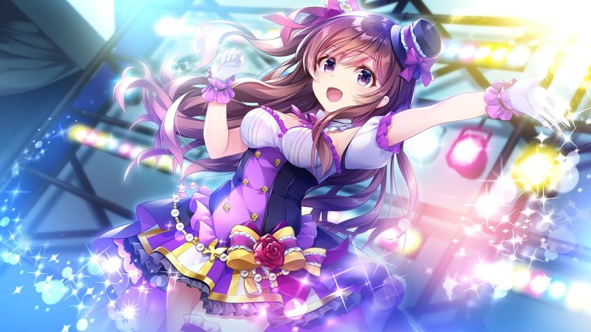 1girl :d black_hat blurry blurry_background bow breasts brown_hair cowboy_shot detached_collar floating_hair frilled_skirt frills game_cg gloves gradient_hair hair_bow hat hat_bow hoshi_no_otome_to_rikka_no_shimai idol long_hair matsurika_karen medium_breasts mini_hat miniskirt multicolored_hair multicolored_skirt mutou_kurihito nanotaro open_mouth outstretched_arm purple_eyes purple_hair red_bow side_ponytail skirt smile solo spotlight stage standing underbust very_long_hair white_gloves