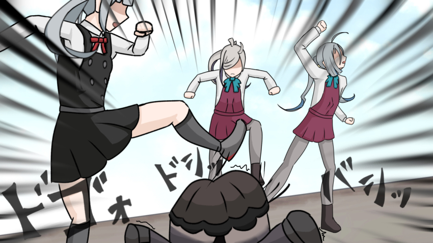 abbacchio_joins_the_kicking_(meme) abyssal_ship ahoge anodono asashimo_(kancolle) black_dress blue_ribbon dress dress_shirt emphasis_lines grey_hair grey_socks kantai_collection kasumi_(kancolle) kicking kiyoshimo_(kancolle) meme pantyhose pinafore_dress purple_dress ra-class_destroyer ra-class_destroyer_alpha ribbon shirt side_ponytail sleeveless sleeveless_dress socks white_hair white_shirt
