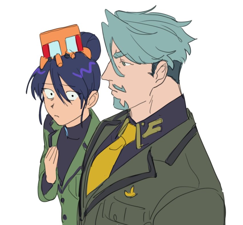1boy bbbb_fex beard breast_envy challia_bull collared_shirt conch_(gundam) facial_hair girl_staring_at_guy&#039;s_chest_(meme) green_eyes green_hair gundam gundam_gquuuuuux hair_bun highres jacket long_sleeves looking_at_pectorals meme military_jacket military_uniform muscle_envy mustache necktie non-humanoid_robot nyaan_(gundam_gquuuuuux) purple_hair robot shirt short_hair simple_background single_hair_bun turtleneck upper_body white_background wide-eyed yellow_eyes