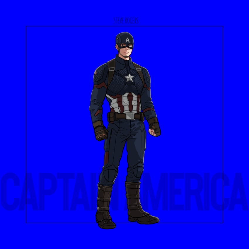 1boy avengers:_endgame avengers_(series) belt blue_background blue_bodysuit blue_eyes bodysuit boots brown_belt brown_boots brown_gloves captain_america character_name clenched_hands closed_mouth fingerless_gloves full_body gloves helmet highres looking_at_viewer male_focus marvel marvel_cinematic_universe mochishio pocket simple_background solo standing star_(symbol) steve_rogers superhero_costume vertical-striped_bodysuit