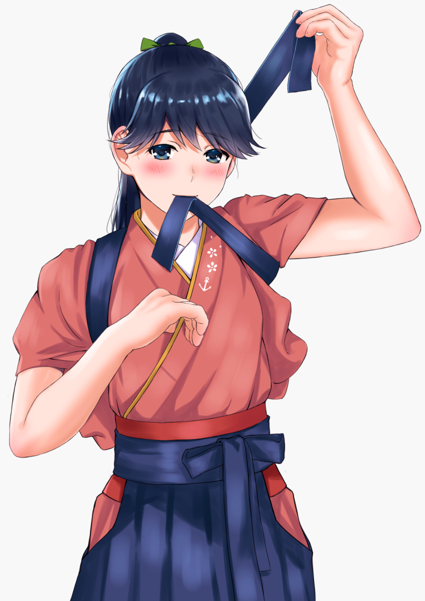 1girl arm_up black_eyes black_hair blue_ribbon blush commentary_request hakama hakase_yurisuki hand_up highres houshou_(kancolle) japanese_clothes kantai_collection long_hair looking_at_viewer mouth_hold ponytail ribbon simple_background solo upper_body white_background