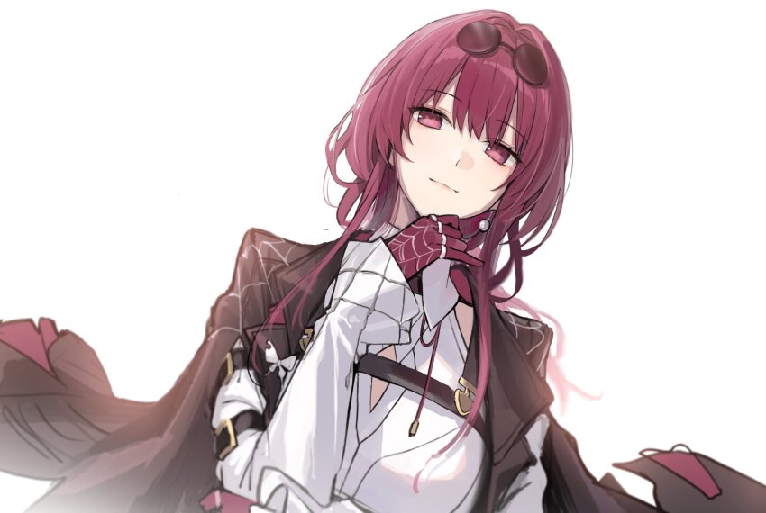 1girl backlighting black_jacket collared_shirt dutch_angle eyewear_on_head glasses gloves hand_on_own_chin highres honkai:_star_rail honkai_(series) jacket jacket_on_shoulders jewelry kafka_(honkai:_star_rail) long_sleeves looking_at_viewer multiple_rings pince-nez purple_eyes purple_gloves purple_hair ring shirt simple_background smile solo spider_web_print sunglasses upper_body white_background white_shirt yohaku