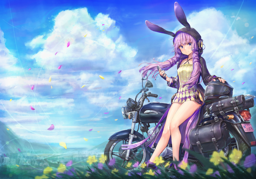 1girl absurdres black_jacket blush closed_mouth commentary_request criss-cross_halter dress halter_dress halterneck highres jacket lukky_clover motor_vehicle motorcycle open_clothes open_jacket purple_eyes purple_hair short_hair_with_long_locks sidelocks smile solo vocaloid voiceroid yellow_dress yuzuki_yukari yuzuki_yukari_(lin)