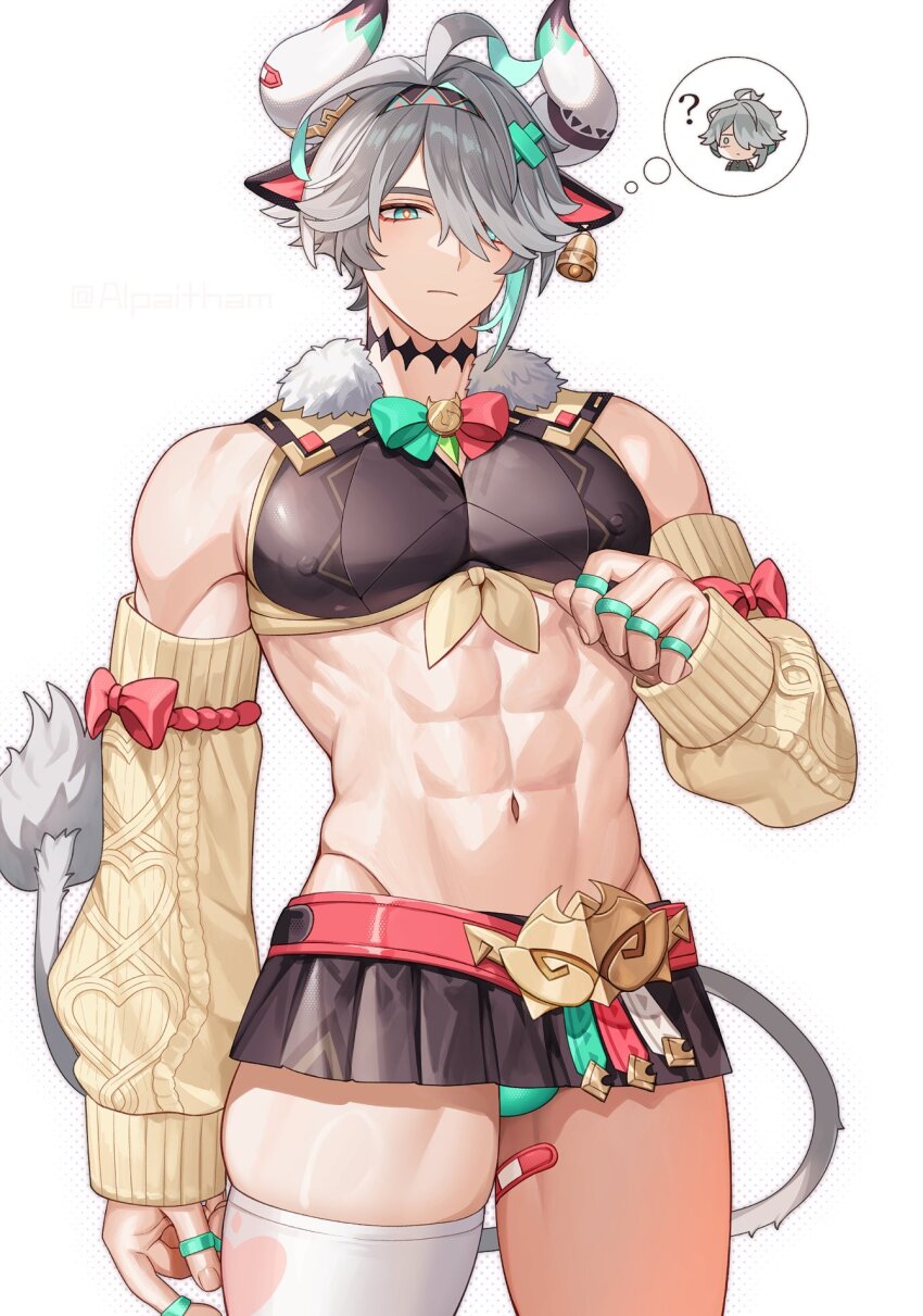 1boy abs alhaitham_(genshin_impact) alpaitham animal_ears aqua_eyes bandaid bandaid_on_leg bow bowtie brown_shirt brown_skirt bulge cosplay cow_boy cow_ears cow_horns cow_tail crop_top fur_trim genshin_impact grey_hair hair_between_eyes hair_over_one_eye highres horns looking_at_viewer male_focus midriff multicolored_bow multicolored_bowtie multicolored_hair muscular muscular_male navel neck_tattoo nipples shirt short_hair single_thighhigh skirt sleeveless sleeveless_sweater solo stomach streaked_hair sweater tail tattoo thighhighs trap varesa_(genshin_impact) varesa_(genshin_impact)_(cosplay) white_background white_thighhighs yellow_sweater