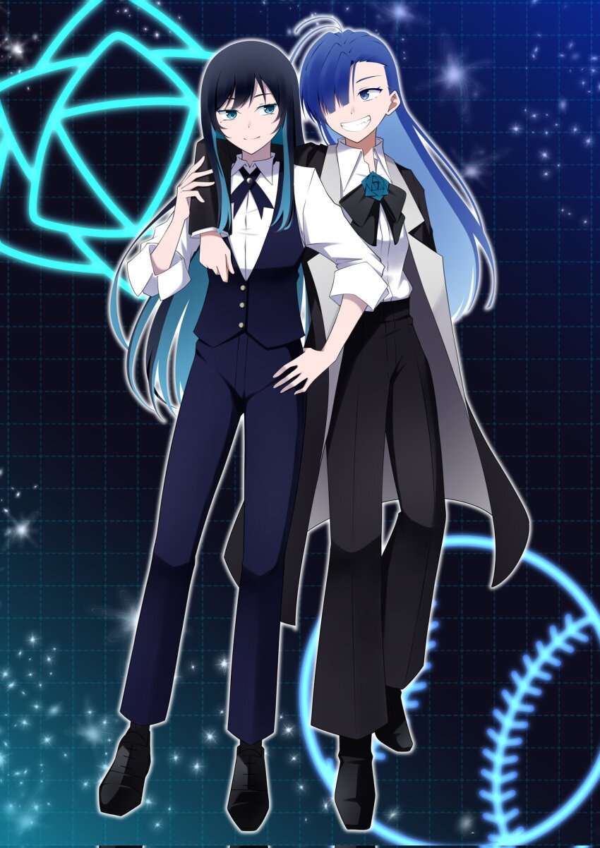 2girls ado_(utaite) arm_on_another&#039;s_shoulder black_bow black_bowtie black_hair black_pants blue_eyes blue_flower blue_hair blue_pants blue_ribbon blue_rose blue_vest bow bowtie brooch chando_(ado) clenched_teeth colored_inner_hair commentary_request cosplay costume_switch flower flower_brooch full_body hair_over_one_eye highres merry_(ado) mole mole_under_eye multicolored_hair multiple_girls nail_polish neck_ribbon nori_(norinori_yrl) pants readymade_(ado) ribbon rose shirt teeth vest white_shirt