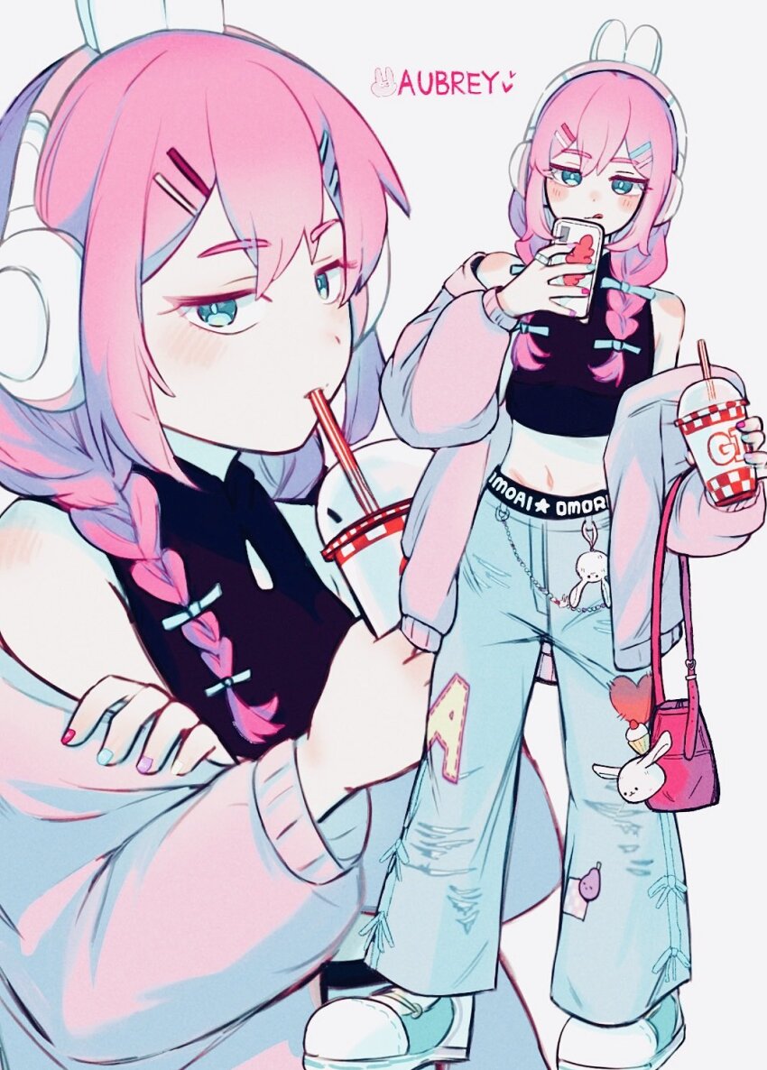 1girl animal_ear_headphones animal_ears aubrey_(birthday)_(omori) aubrey_(faraway)_(omori) aubrey_(omori) bag blue_eyes blue_nails braid cellphone character_name charm_(object) closed_mouth crop_top cup cupcake_bunny_(omori) denim drinking drinking_straw drinking_straw_in_mouth fake_animal_ears forest_bunny?_(omori) forest_bunny_(omori) hair_ornament hairclip handbag headphones highres holding holding_cup jacket jeans long_hair long_sleeves looking_at_viewer low_twin_braids mr._plantegg_(omori) multicolored_nails omori pants pasuta928008 phone pink_hair pink_jacket pink_nails rabbit_ear_headphones shoes simple_background smartphone sneakers solo torn_clothes torn_jeans torn_pants twin_braids twintails white_background