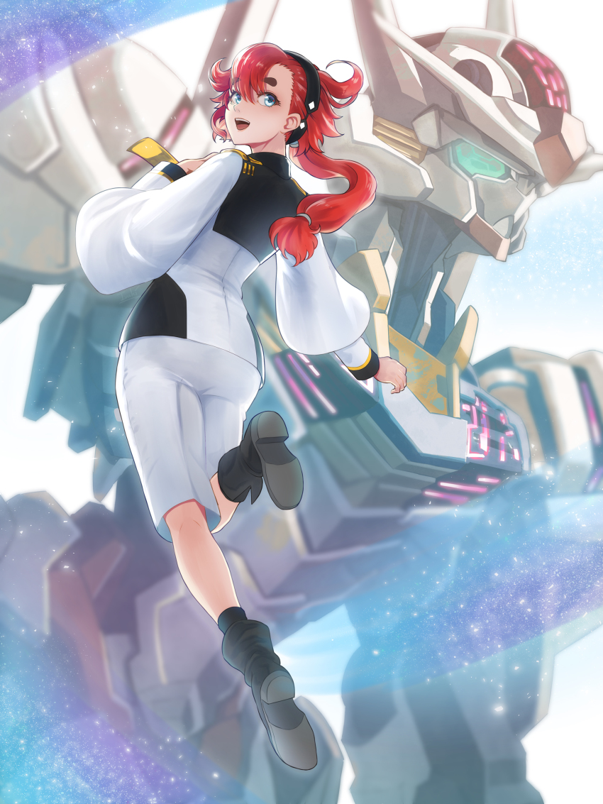 1girl absurdres black_hairband blue_eyes boots commentary from_behind full_body green_eyes gundam gundam_aerial gundam_suisei_no_majo hairband highres ivuki long_hair looking_back low-tied_long_hair low_ponytail mecha mobile_suit ponytail red_hair robot school_uniform shorts smile suletta_mercury upper_body v-fin