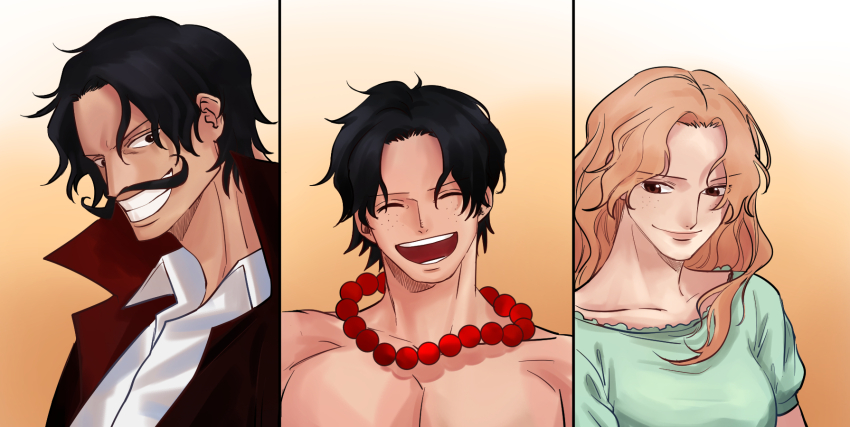 1girl 2boys ^_^ blonde_hair closed_eyes coat collared_shirt commentary_request facial_hair family freckles gol_d._roger gradient_background highres jewelry korean_commentary multiple_boys mustache necklace one_piece open_mouth pearl_necklace portgas_d._ace portgas_d._rouge seseasl shirt short_sleeves upper_body white_shirt