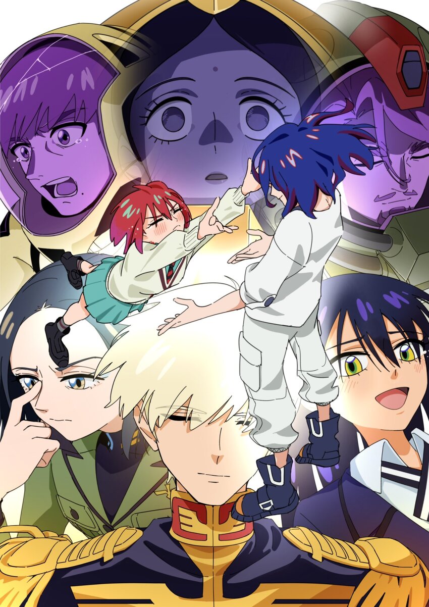 amate_yuzuriha aqua_shirt aqua_skirt beard bindi black_hair blonde_hair blue_hair blush breasts challia_bull char_aznable closed_mouth collared_shirt colored_inner_hair commentary_request comoli_harcourt dark-skinned_female dark_skin double_bun epaulettes facial_hair forehead gundam gundam_gquuuuuux hair_bun helmet highres jacket lalah_sune long_hair long_sleeves looking_at_viewer mecha_pilot_suit military military_uniform mole mole_under_eye mole_under_mouth multicolored_hair multiple_boys multiple_girls mustache necktie normal_suit_(gundam) nyaan_(gundam_gquuuuuux) open_mouth purple_hair red_hair red_jacket school_uniform science_fiction shirt short_hair shuji_ito skirt smile sweater tank_top two-tone_hair white_shirt xavier_olivette yellow_eyes yy_shibata zeon