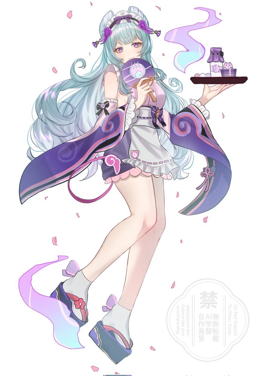1girl apron black_bow blue_hair blush bow breasts closed_mouth commentary dango dango_milk_(genshin_impact) detached_sleeves food frilled_apron frilled_hairband frills full_body genshin_impact hairband hand_fan highres holding holding_fan holding_tray long_hair long_sleeves looking_at_viewer medium_breasts nihongami okobo platform_sandals purple_eyes sakuraso sandals smile socks solo tail tapir_tail tray very_long_hair wagashi waist_apron white_apron white_background white_socks yumemizuki_mizuki