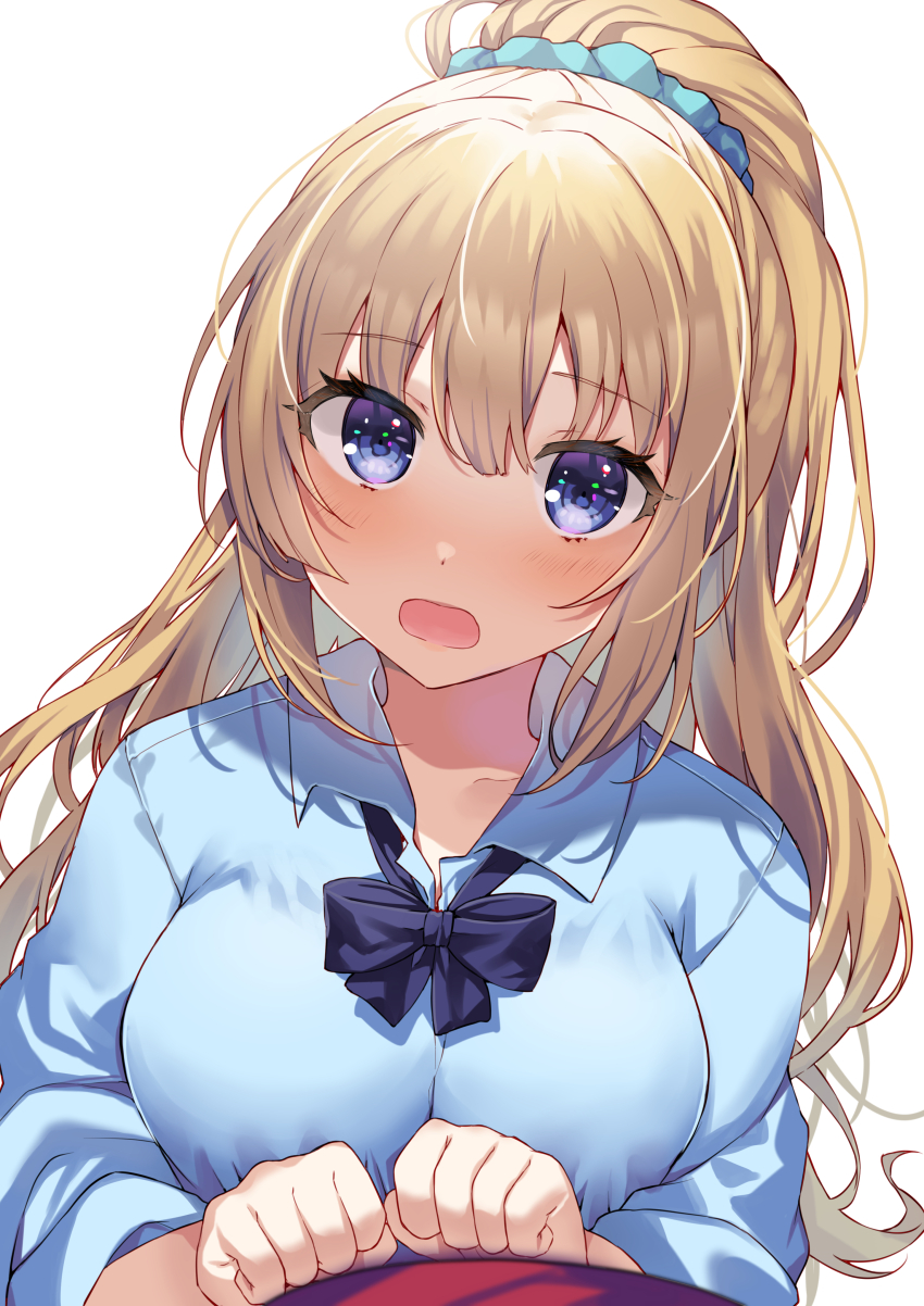 1girl absurdres advanced_nurturing_high_school_uniform blonde_hair blue_eyes blue_shirt blush bow breasts collared_shirt commentary_request hair_ornament hair_scrunchie highres karuizawa_kei long_hair looking_at_viewer medium_breasts open_mouth ponytail school_uniform scrunchie shirt simple_background solo upper_body white_background yam_(yamap_mako) youkoso_jitsuryoku_shijou_shugi_no_kyoushitsu_e