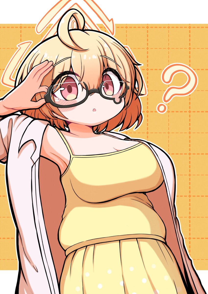 1girl ? adjusting_eyewear ahoge black-framed_eyewear blonde_hair blue_archive breasts camisole cleavage commentary_request halo highres kotori_(blue_archive) large_breasts medium_hair mendakorice muffin_top plump red_eyes semi-rimless_eyewear skirt solo teardrop-framed_glasses under-rim_eyewear upper_body yellow_camisole yellow_skirt