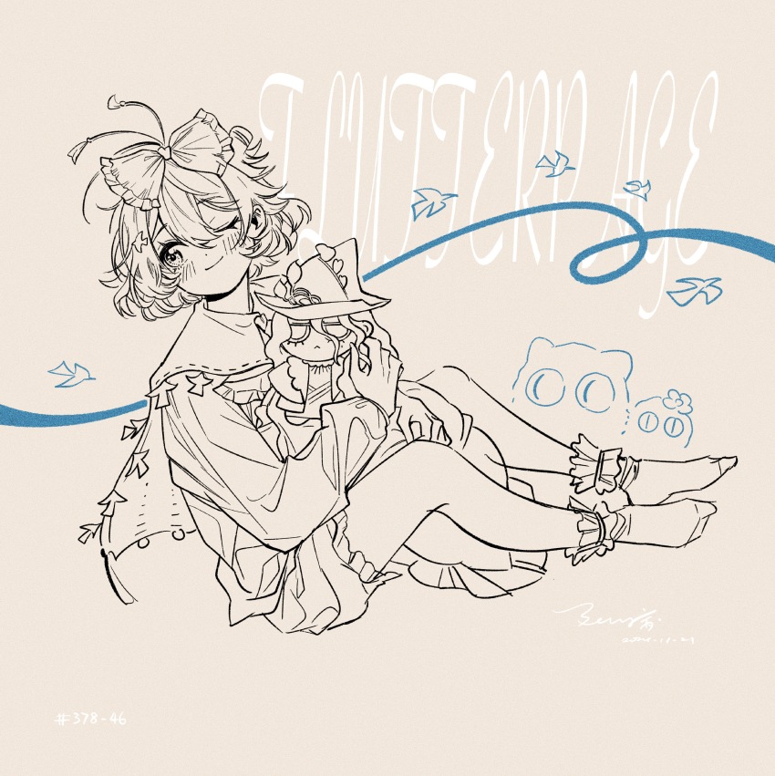 1girl ;) abingbeey absurdres ahoge bow brown_background cape carbuncle_(reverse:1999) character_doll character_name closed_mouth creature doll flutterpage full_body hair_bow highres holding holding_doll lineart looking_to_the_side no_shoes on_ground one_eye_closed reverse:1999 shirt short_hair shorts simple_bird sitting smile socks solo willow_(reverse:1999)