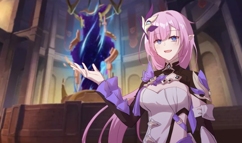 1girl :d absurdres blue_eyes chinese_commentary commentary_request elysia_(honkai_impact) elysia_(miss_pink_elf)_(honkai_impact) faber_fubei hair_ornament hand_up highres honkai_(series) honkai_impact_3rd indoors long_hair long_sleeves looking_at_viewer open_mouth pink_hair pointy_ears shirt shrug_(clothing) smile solo strapless strapless_shirt upper_body very_long_hair white_shirt