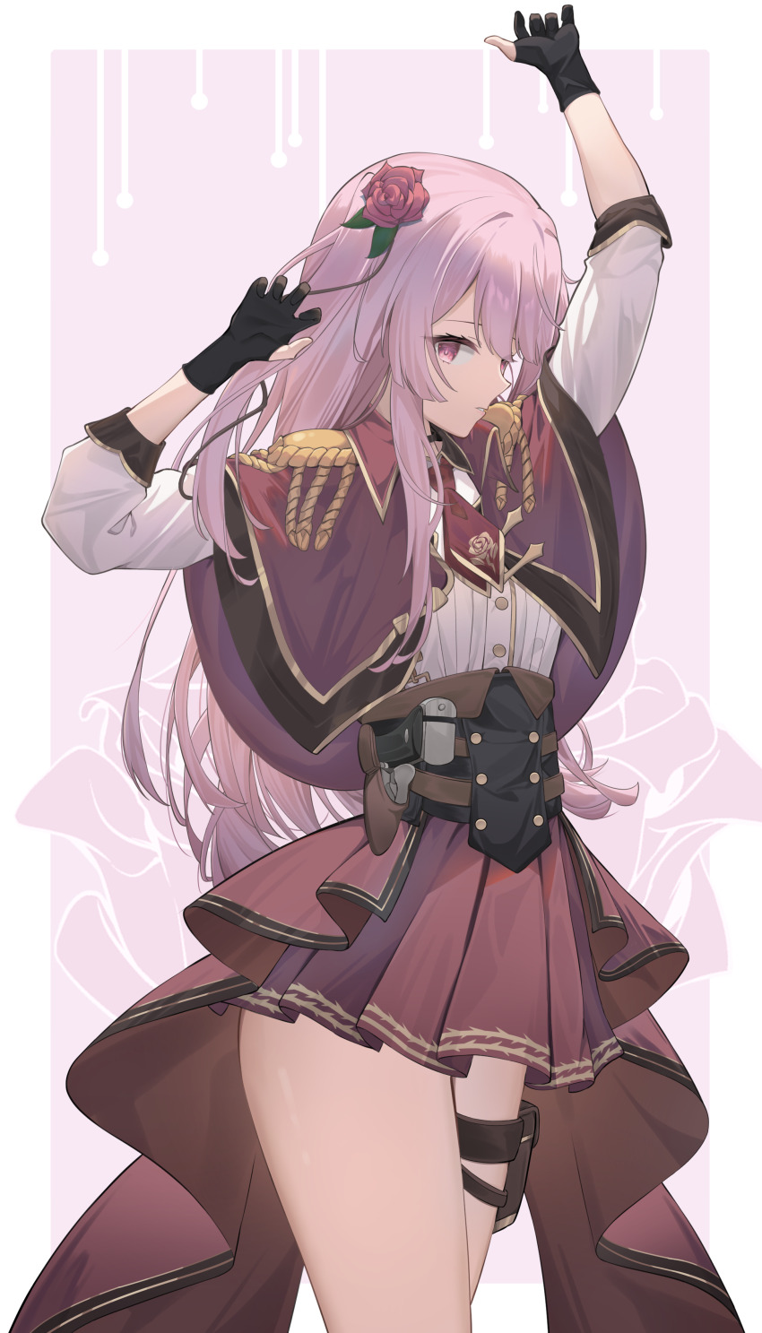 1girl absurdres arm_up black_corset black_gloves buttons coat commentary corset cowboy_shot floral_print flower gloves gun hair_flower hair_ornament hand_up handgun highres holster long_hair looking_at_viewer looking_to_the_side miku_rasha miniskirt necktie nijisanji nijisanji_en parted_lips partially_fingerless_gloves pink_eyes pink_flower pink_hair pink_rose pouch red_coat red_necktie red_skirt rose rose_print rosemi_lovelock rosemi_lovelock_(2nd_costume) shirt skirt solo symbol-only_commentary thigh_pouch thighs three-quarter_sleeves virtual_youtuber weapon white_shirt