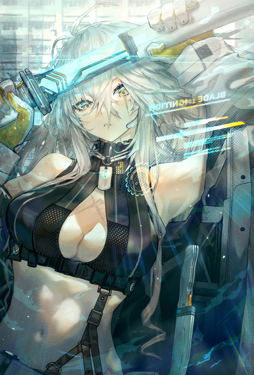 abs absurdres dog_tags gloves highres holding holding_sword holding_weapon jacket kazunari_(prawn10231) mirrored_text scabbard scar scar_across_eye scar_on_face sheath sword weapon white_hair