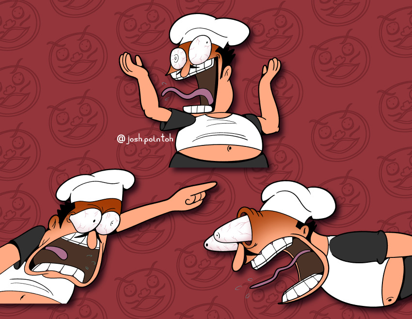 absurdres angry bloodshot_eyes bulging_eyes chef chef_hat hat highres invader_zim josh.pointoh peppino_spaghetti pizza_tower pizzaface pointing ren_&amp;_stimpy screaming self-upload shirt spongebob_squarepants_(series) t-shirt tagme