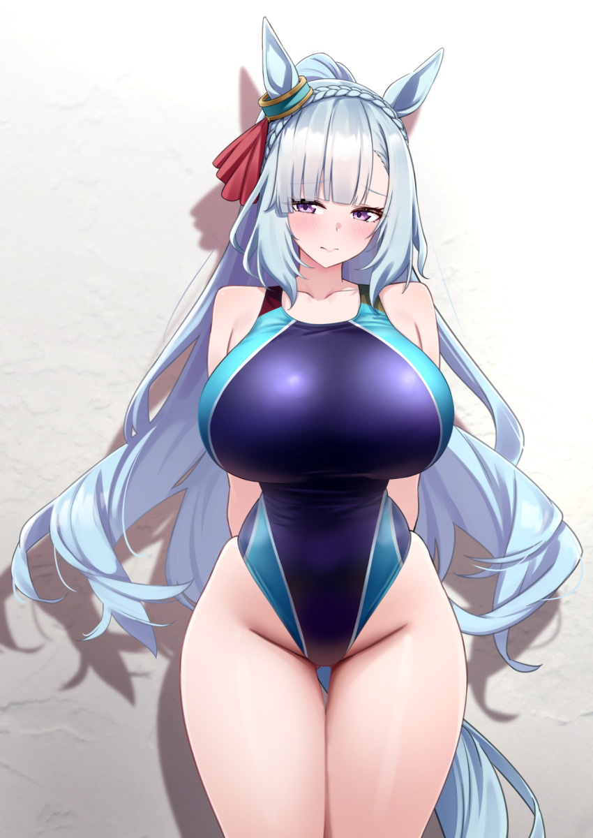 1girl animal_ears arms_behind_back blue_hair blue_one-piece_swimsuit blue_tail blush breasts closed_mouth commentary_request competition_swimsuit gluteal_fold groin herohero_(higashi_no_dou) highleg highleg_one-piece_swimsuit highres horse_ears horse_girl horse_tail large_breasts long_hair mejiro_ardan_(umamusume) multicolored_swimsuit one-piece_swimsuit ponytail purple_eyes skindentation solo swimsuit tail thigh_gap thighs umamusume very_long_hair