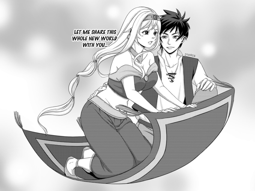 1boy 1girl aladdin_(character)_(cosplay) aladdin_(disney) aladdin_(movie) arabian_clothes breasts carpet cleavage cosplay full_body jasmine_(disney) jasmine_(disney)_(cosplay) kneeling long_hair magic_carpet medium_breasts midriff miley_dragneel monochrome nakiri_erina princess_jasmine_(cosplay) shokugeki_no_souma spiked_hair yukihira_souma