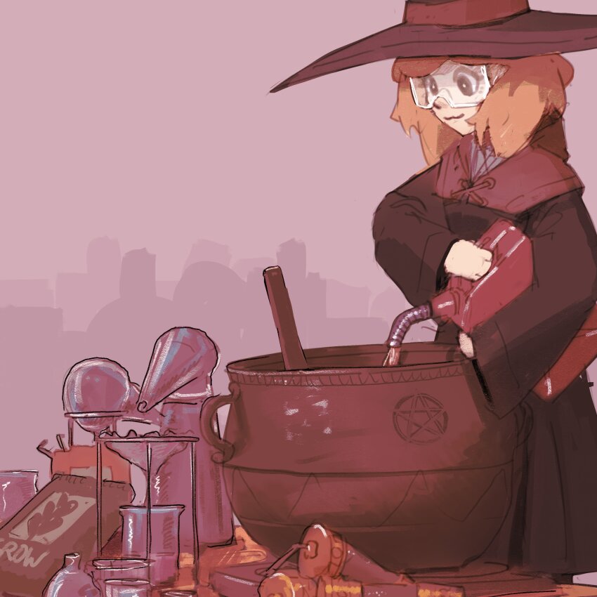1girl :3 absurdres alchemy beaker black_robe brown_hair can cauldron closed_mouth commentary english_commentary flask funnel_(tool) hat highres holding holding_can jerry_can long_sleeves medium_hair notfuji original pentagram pouring purple_background retort retort_stand robe safety_glasses solo witch_hat
